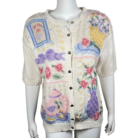 Vintage Ashley Hand Knit Cardigan Sweater Size L Short Sleeve Button Up Floral - Picture 1 of 7